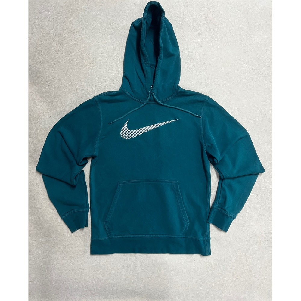 Nike Mens Teal French Terry Pullover Hoodie Textured Swoosh Logo Small